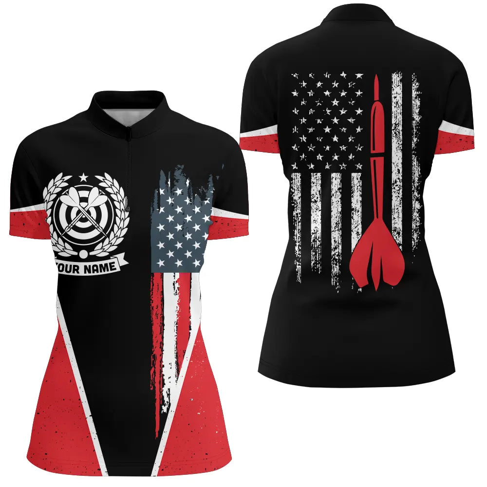 Retro American Flag Darts Quarter Zip Shirt Custom Name Patriotic Darts Jerseys For Women LDT0315