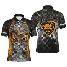 Load image into Gallery viewer, Golf Orange Mens Polo Shirt Custom Checker Pattern Racing Polos For Mens, Best Gift For Golfers LDT0166