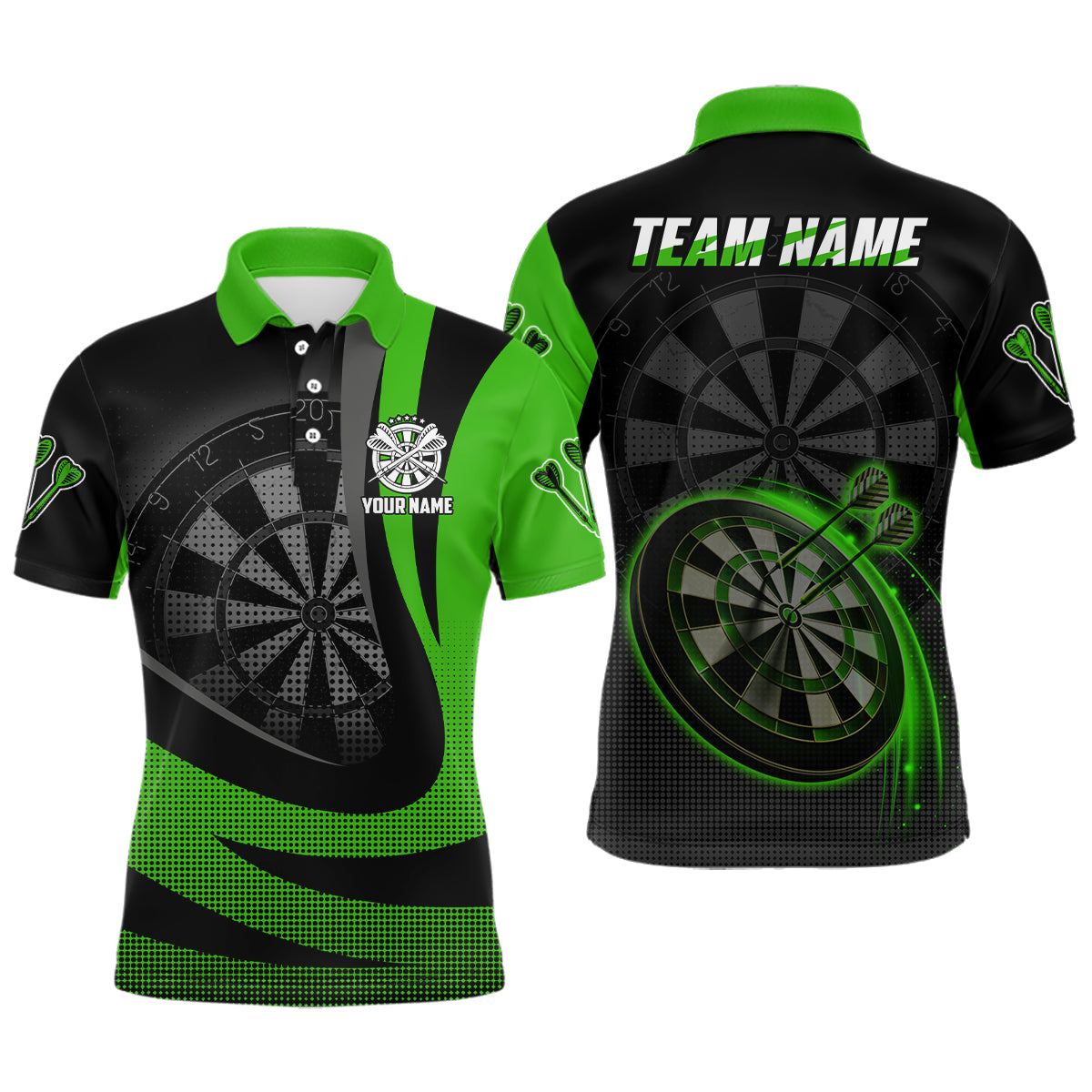 Personalized Black Green 3D Mens Darts Polo Shirt Custom Cool Darts Team Jersey For Men LDT1030
