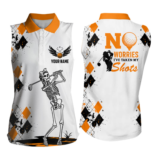 Skull Womens Sleeveless Polo Shirt Argyle Pattern Orange Golf Shirts For Ladies Halloween Golf Gifts LDT0480