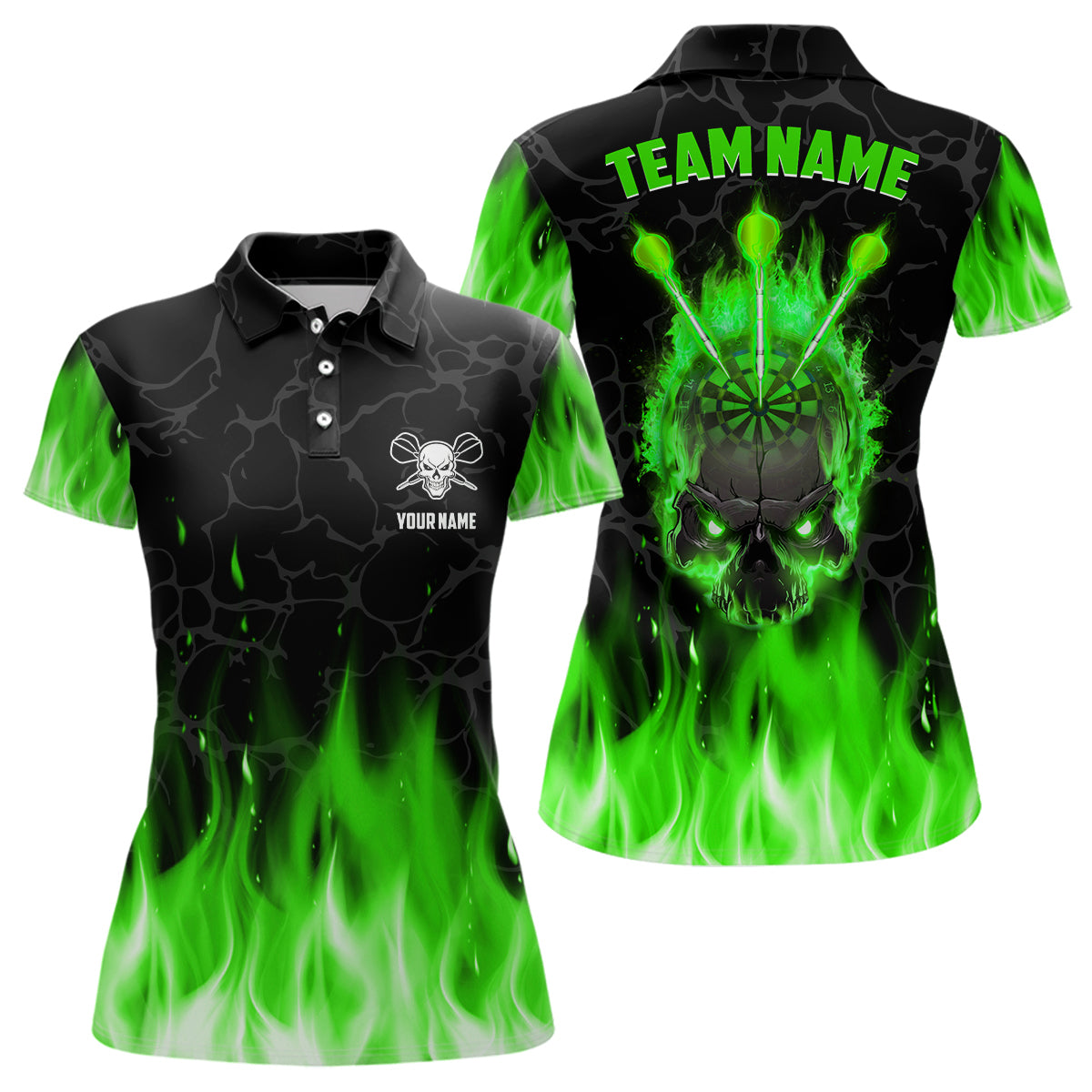 Green Flame Skull Womens Darts Polo Shirt Custom Scary Darts Shirt For Women Dart Jerseys LDT1423