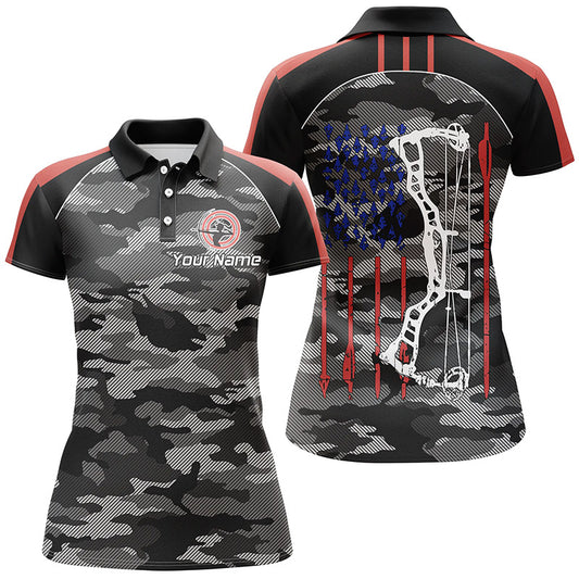Personalized Camouflage US Flag Archery Polo Shirts For Women, Grunge American Arrow Archery Jerseys VHM0735