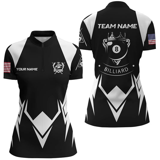Personalized US Flag 8 Ball Pool Black White Billiard Quarter-Zip Shirts For Women, Billiard Jerseys VHM0582