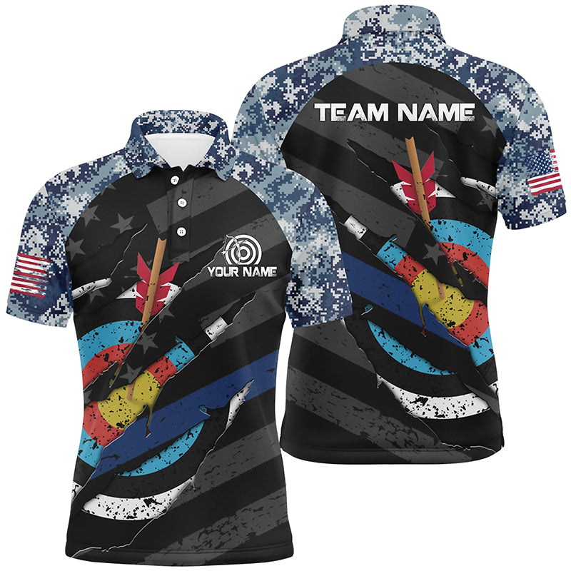Personalized Retro Camo Target Archery 3D Polo Shirts For Men, Custom US Flag Archery Jerseys VHM0595