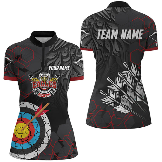 Personalized Red Black Eagle Archery Quarter-Zip Shirts For Women, Retro Arrows Target Archery Shirts VHM0602