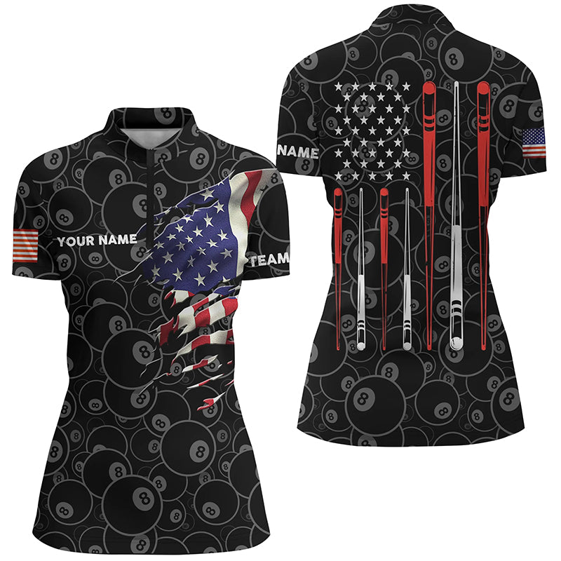 Personalized US Flag 8 Ball Billiard Quarter-Zip Shirts For Women, US Flag Sticks Billiard Shirts VHM0771