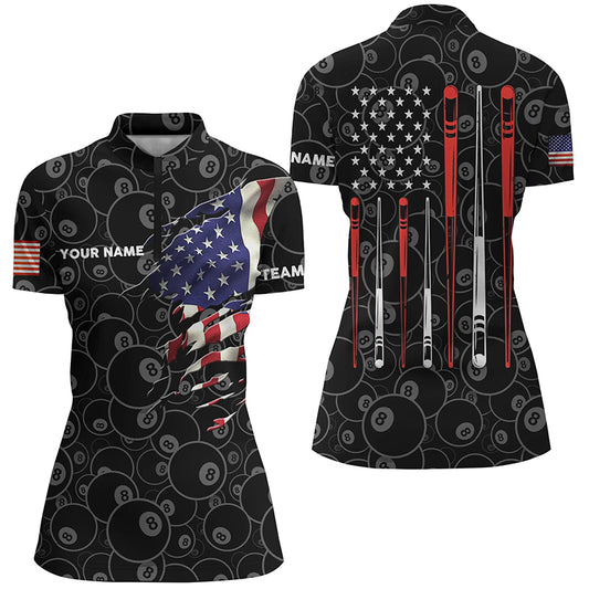 Personalized US Flag 8 Ball Billiard Quarter-Zip Shirts For Women, US Flag Sticks Billiard Shirts VHM0771