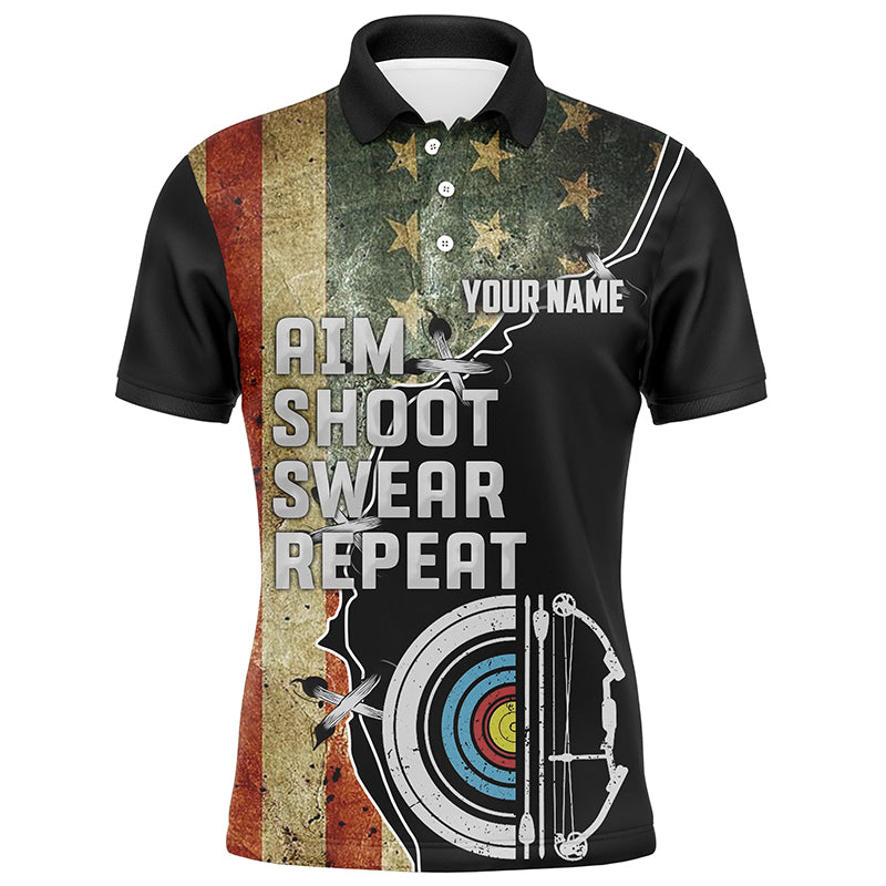 Personalzied Aim Shoot Swear Repeat Archey Polo Shirts For Men, Vintage US Flag Archery Shirts VHM0720