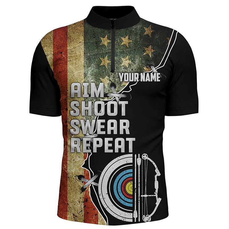 Personalzied Aim Shoot Swear Repeat Archey Quarter-Zip Shirts For Men Custom US Flag Archery Shirts VHM0720