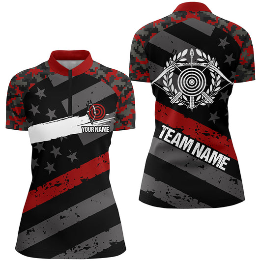 Personalized Red Retro US Flag Archery Quarter-Zip Shirts For Women Custom 3D Targets Archery Jerseys VHM0561