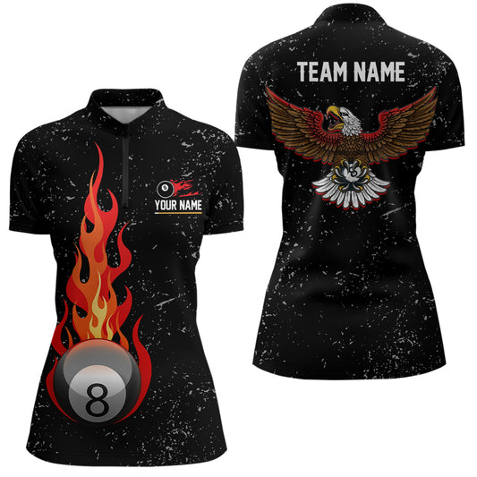Personalized Grunge Black Flame 8 Ball Pool Quarter-Zip Shirts For Women, Eagle Billiard 8 Ball Shirt VHM0812