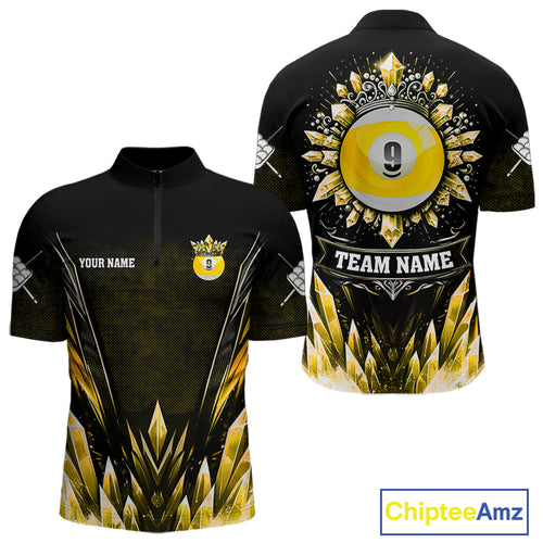 Customized Yellow Icy Funny 9 Ball Pool Crown Men Quarter-Zip Shirt Custom Billiard Jersey TDM1297