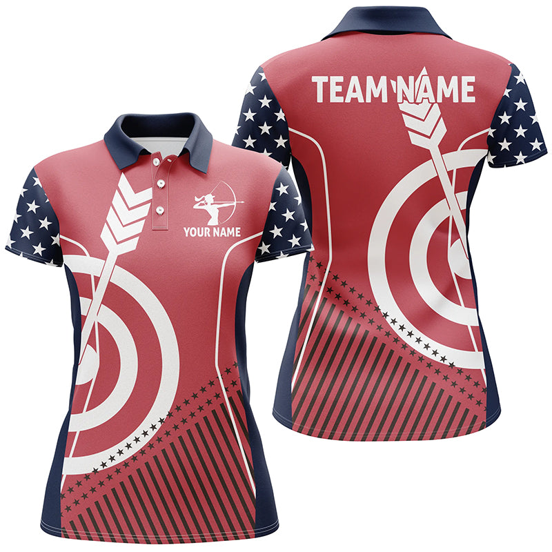 Personalized American Flag Archery Polo Shirts For Women Custom Patriotic Gifts For Archers TDM0418