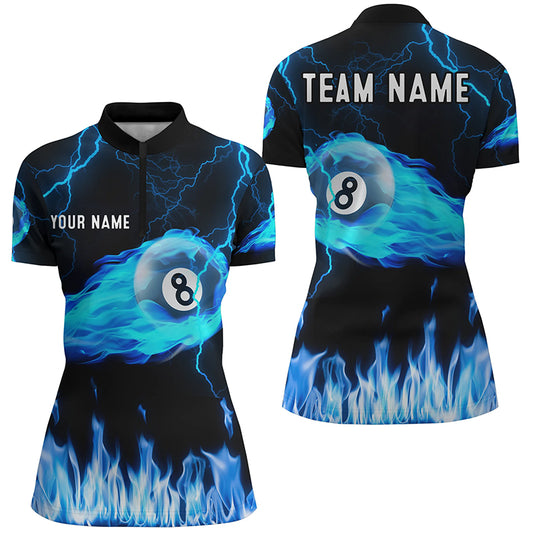 Personalized Blue Flame 8 Ball Thunder 3D Quarter-Zip Shirts For Women, Pool League Shirts TDM0494