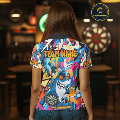 Funny Shark Colorful Graffiti Style Custom Dart Shirts For Women, Dart Team Jersey Best Darts Outfit TDM3849