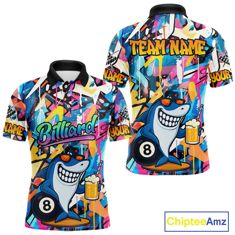 Funny Shark Colorful Graffiti Style Custom 8 Ball Billiard Shirt For Men Best Billiard Team Jersey TDM3850