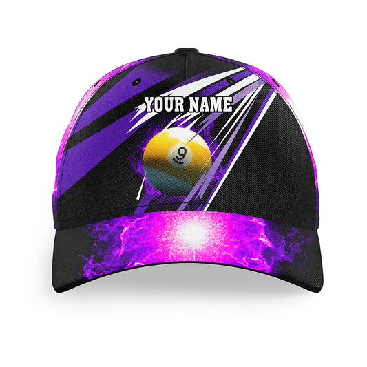 Personalized Purple 9 Ball Fire Billiard Hat For Men Custom Name Billiard Pool Team 3D Baseball Cap TDM2167