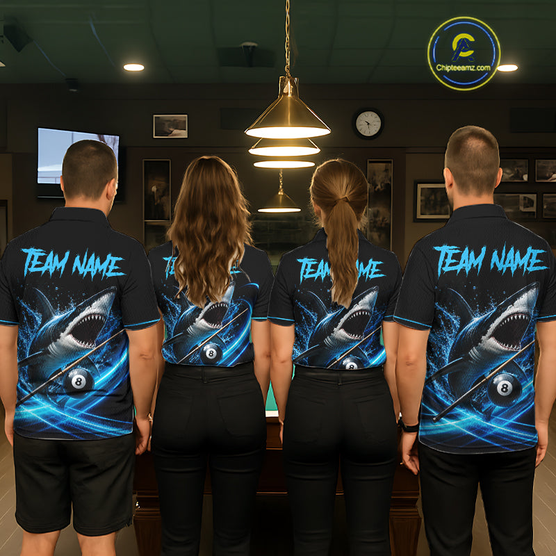 Black And Blue 8 Ball Shark Billiard League Shirts For Women Custom Pool Team Jersey Polo & 1/4 Zip TDM7165