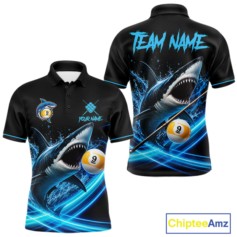 Black And Blue 9 Ball Shark Billiard League Shirts For Men Custom Pool Team Jersey Polo & 1/4 Zip TDM7166
