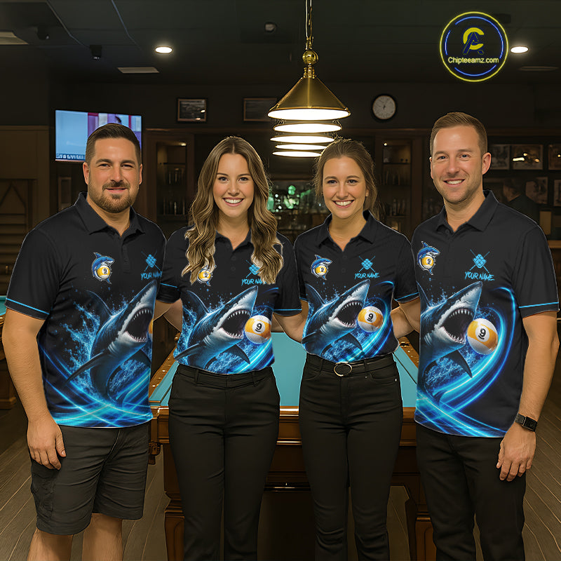 Black And Blue 9 Ball Shark Billiard League Shirts For Men Custom Pool Team Jersey Polo & 1/4 Zip TDM7166