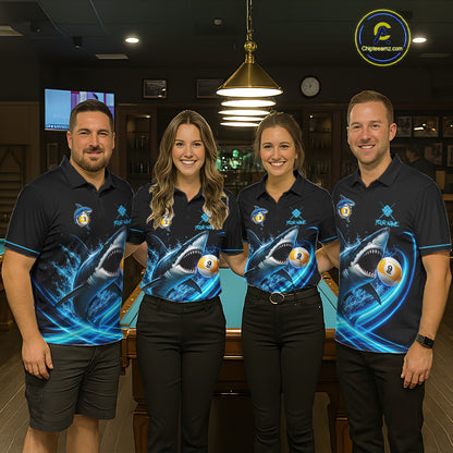 Black And Blue 9 Ball Shark Billiard League Shirts For Men Custom Pool Team Jersey Polo & 1/4 Zip TDM7166