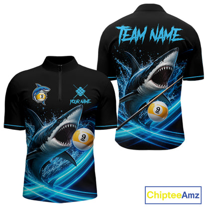 Black And Blue 9 Ball Shark Billiard League Shirts For Men Custom Pool Team Jersey Polo & 1/4 Zip TDM7166