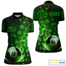 Load image into Gallery viewer, Green 8 Ball Pool Fire Luckiest Shamrock Women Billiard Shirt Custom St Patrick Day Billiard Jerseys TDM3389