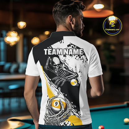 9 Ball Skeleton Custom Billiard Polo & 1/4 Zip Shirts For Men, Funny 9 Ball Pool Billiard Jerseys TDM5675