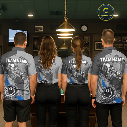 8 Ball Skeleton Custom Billiard Polo & 1/4 Zip For Women, Funny 8 Ball Pool Billiard Jersey|Blue TDM5677