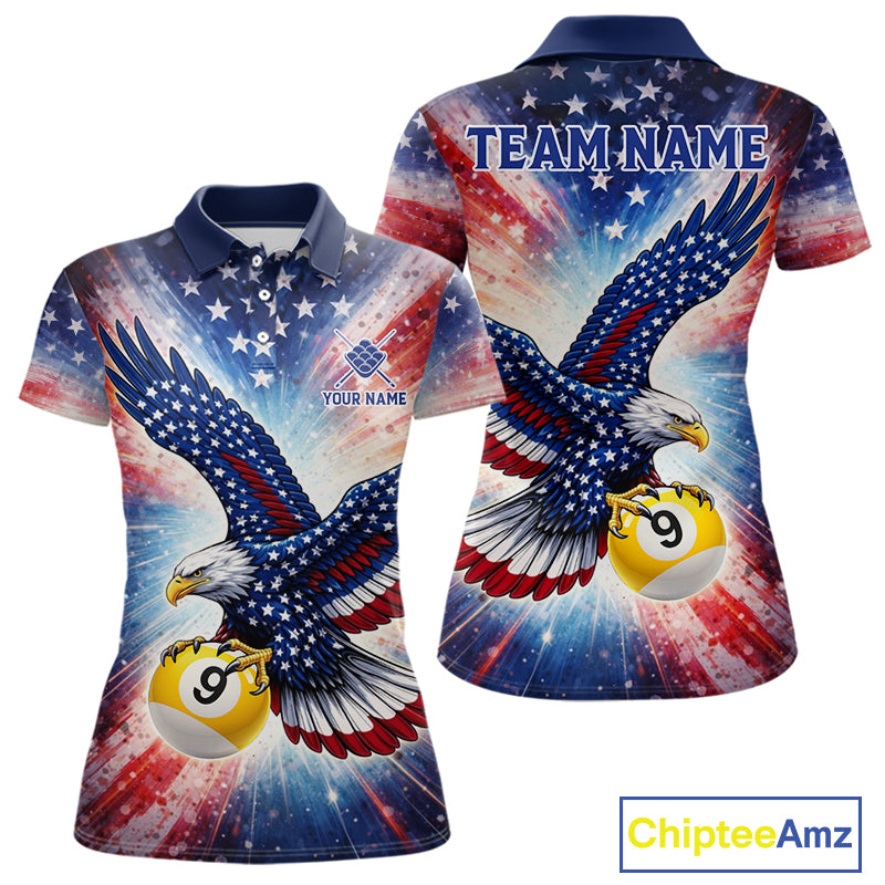 Custom 9 Ball American Flag Eagle Billiard Shirt For Women, Patriotic Pool Team Jersey Polo, 1/4 Zip TDM6282