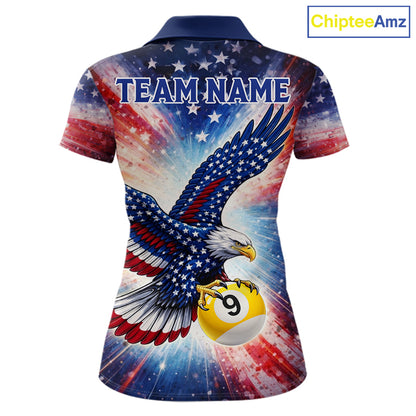 Custom 9 Ball American Flag Eagle Billiard Shirt For Women, Patriotic Pool Team Jersey Polo, 1/4 Zip TDM6282
