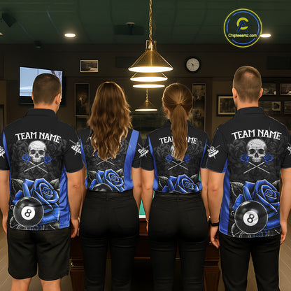 Black And Blue 8 Ball Pool And Roses Custom Skull Billiard Shirts For Women, Billiard Team Jersey TDM6286