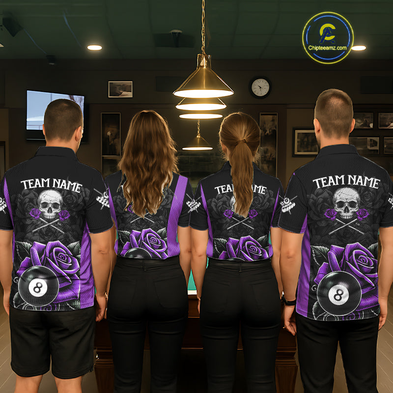 Black And Purple 8 Ball Pool And Roses Custom Skull Billiard Shirts For Men, Billiard Team Jersey TDM6287