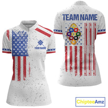 Load image into Gallery viewer, White American flag 9 ball billiard quarter zip shirt for women built for tournaments and league play.