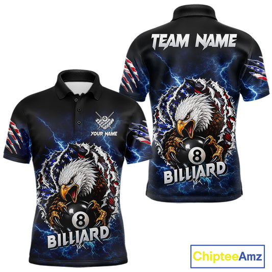 Blue lightning American flag eagle 8 ball billiard polo shirt for men with patriotic pool team graphics.
