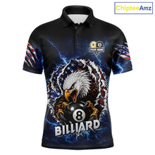Load image into Gallery viewer, Blue lightning eagle American flag 8 ball and 9 ball billiard polo shirt for men with patriotic pool team graphics.