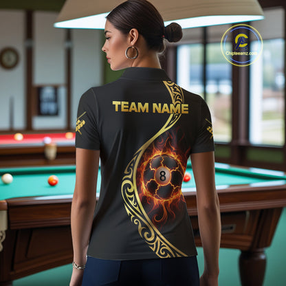 Personalized 8 Ball Fire Gold Tribal Billiard Shirt For Women, Billiard Jersey Team Polo & 1/4 Zip TDM5401