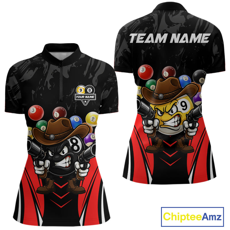 Funny 8 Ball & 9 Ball Billiard Shirt For Women Custom Black And Red Pool Team Shirt, Billiard Jersey TDM5408
