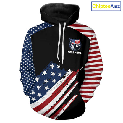 Black Grunge American Flag Billiard Hoodie Custom Patriotic 8 Ball Hoodie Pool Team Jersey TDM5688