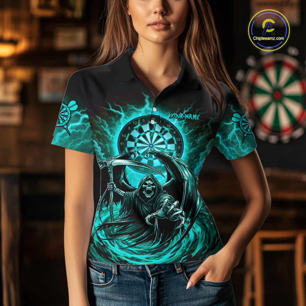 Personalized Turquoise Grim Reaper Lightning Darts Shirt For Women, Darts Team Jersey Polo & 1/4 Zip TDM5898