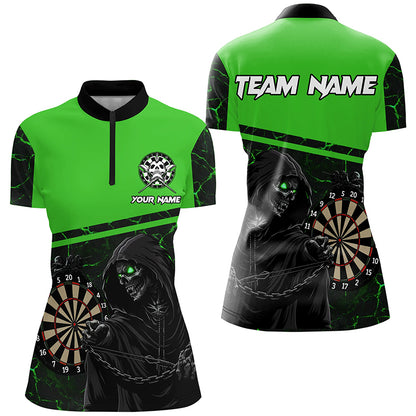 Personalized Grim Reaper Custom Green Darts Polo & Quarter-Zip Shirts For Women, Darts Jersey TDM1984