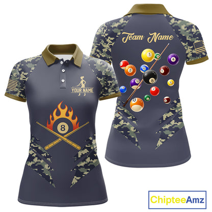 Personalized Flame 8 Ball Camo Billiard Shirts Custom Navy Blue Pool Team Jerseys Polo & 1/4 Zip TDM4332