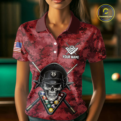 Personalized Red Camo Skull Billiard Shirt For Women Custom Patriotic US Flag Pool Team Jersey TDM5165