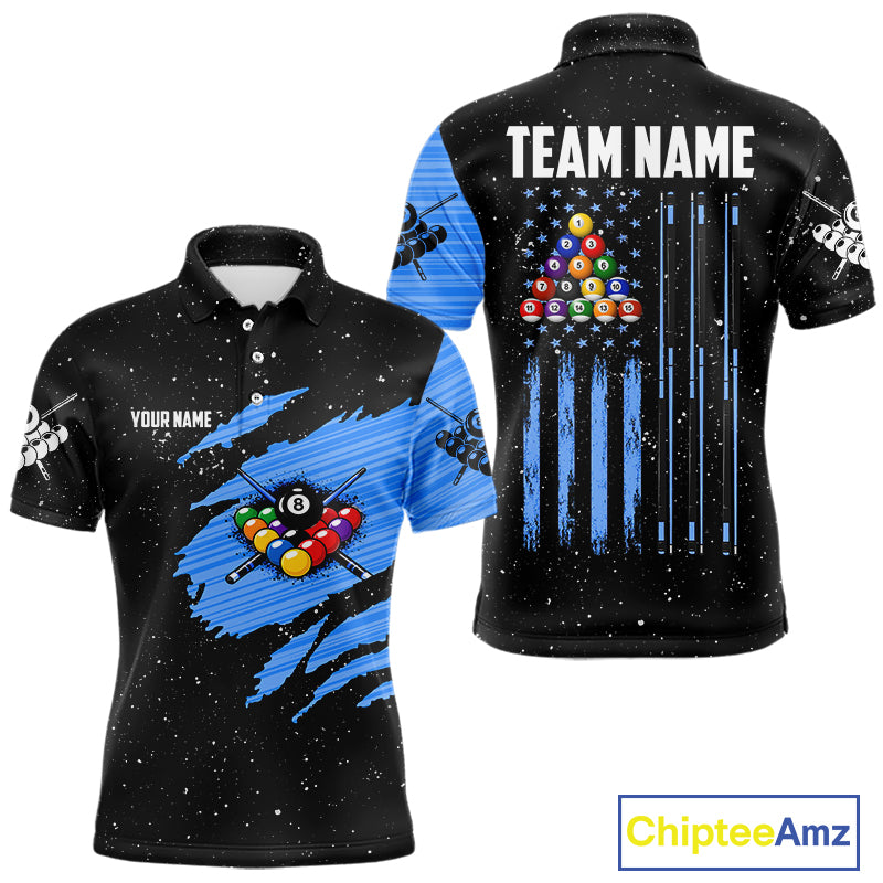 Custom Grunge American Flag 8 Ball Billiard Polo & 1/4 Zip For Men, Pool Team Jersey |Blue TDM5902