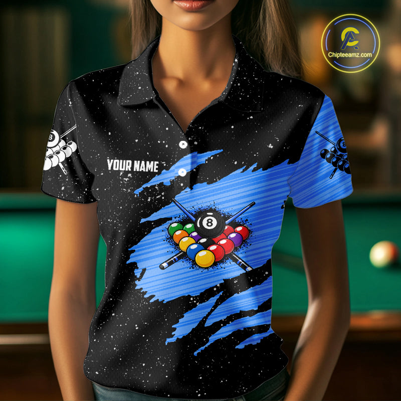 Custom Grunge American Flag 8 Ball Billiard Polo & 1/4 Zip For Women, Pool Team Jersey |Blue TDM5902