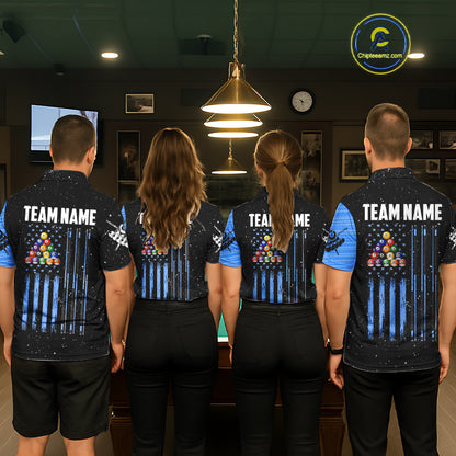 Custom Grunge American Flag 8 Ball Billiard Polo & 1/4 Zip For Women, Pool Team Jersey |Blue TDM5902