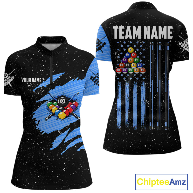 Custom Grunge American Flag 8 Ball Billiard Polo & 1/4 Zip For Women, Pool Team Jersey |Blue TDM5902