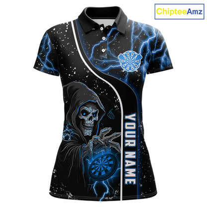 Custom Blue Darts Lightning Grim Reaper Polo & 1/4 Zip, Darts Shirt For Women, Darts Team Jersey TDM6308