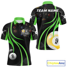 Load image into Gallery viewer, Green 8 ball and 9 ball billiard polo shirt for men with custom pool team graphics.