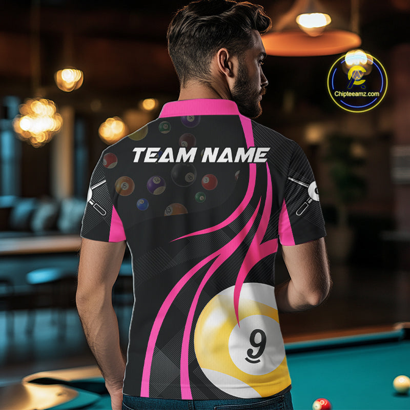 Back view of man wearing a pink 8 ball and 9 ball pool shirt in a billiards hall.